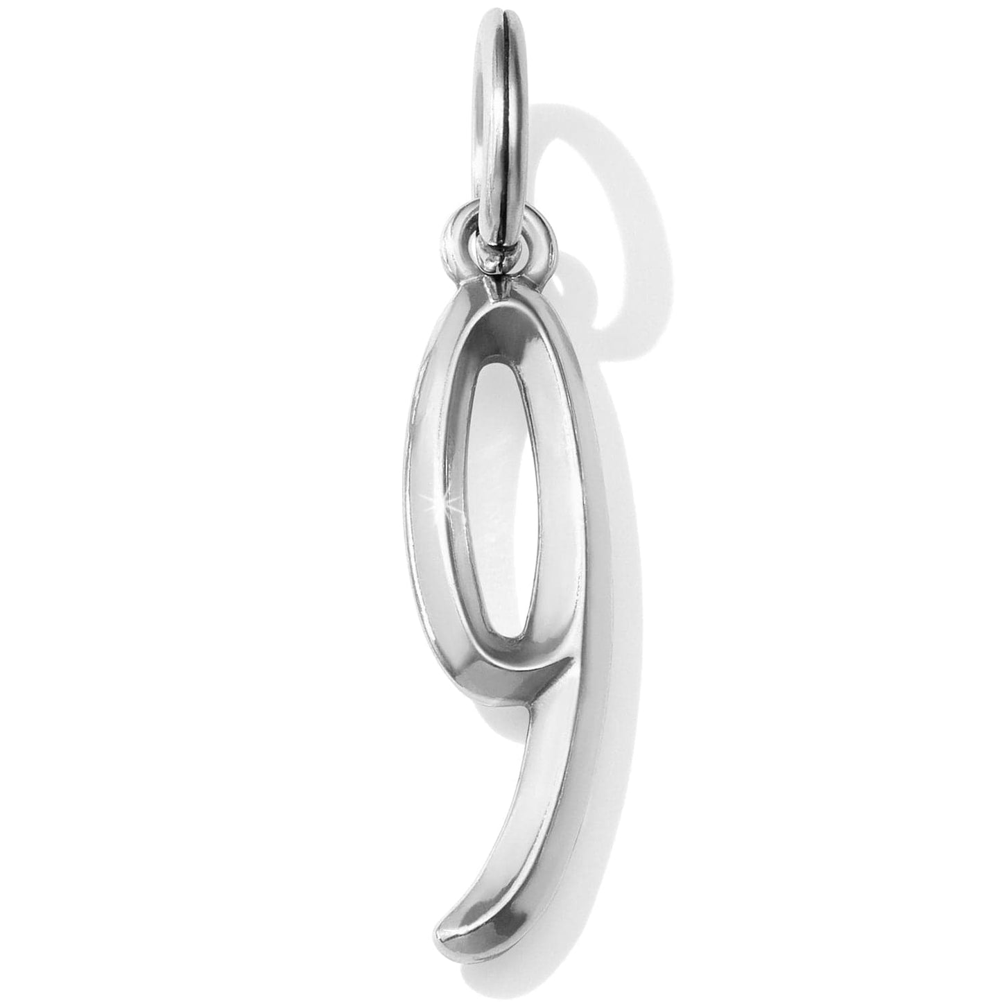 Brighton number nine charm with silver-plated finish and small jump ring shown in side view on a white background