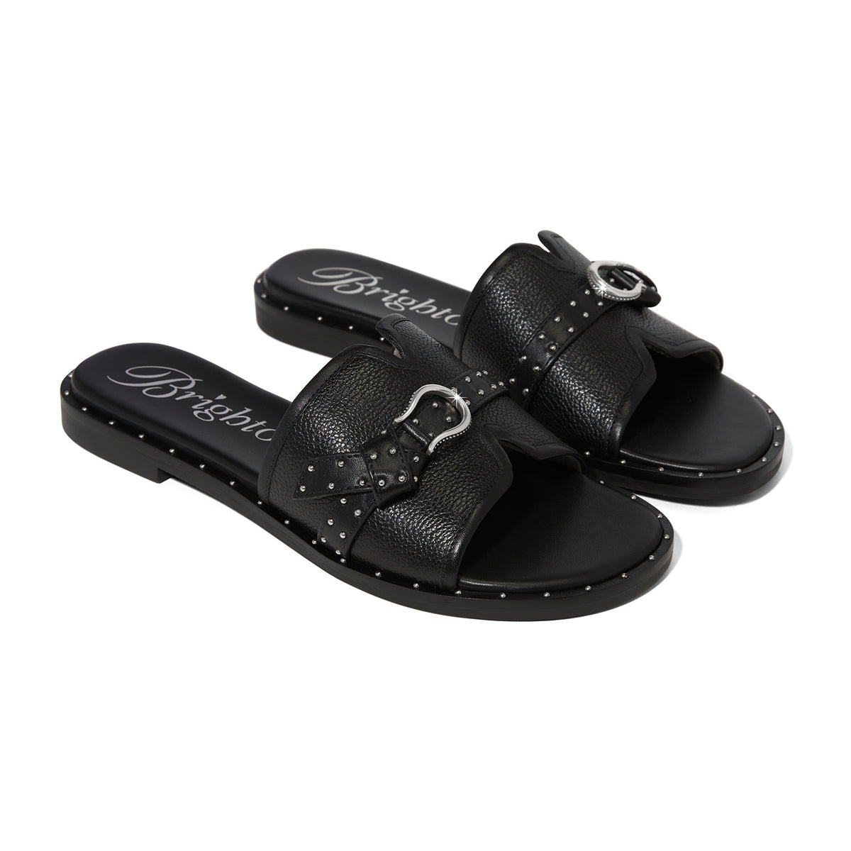 Brighton black leather slide sandals with silver-tone buckles and studded trim on a white background
