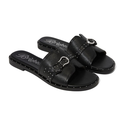 Brighton black leather slide sandals with silver-tone buckles and studded trim on a white background