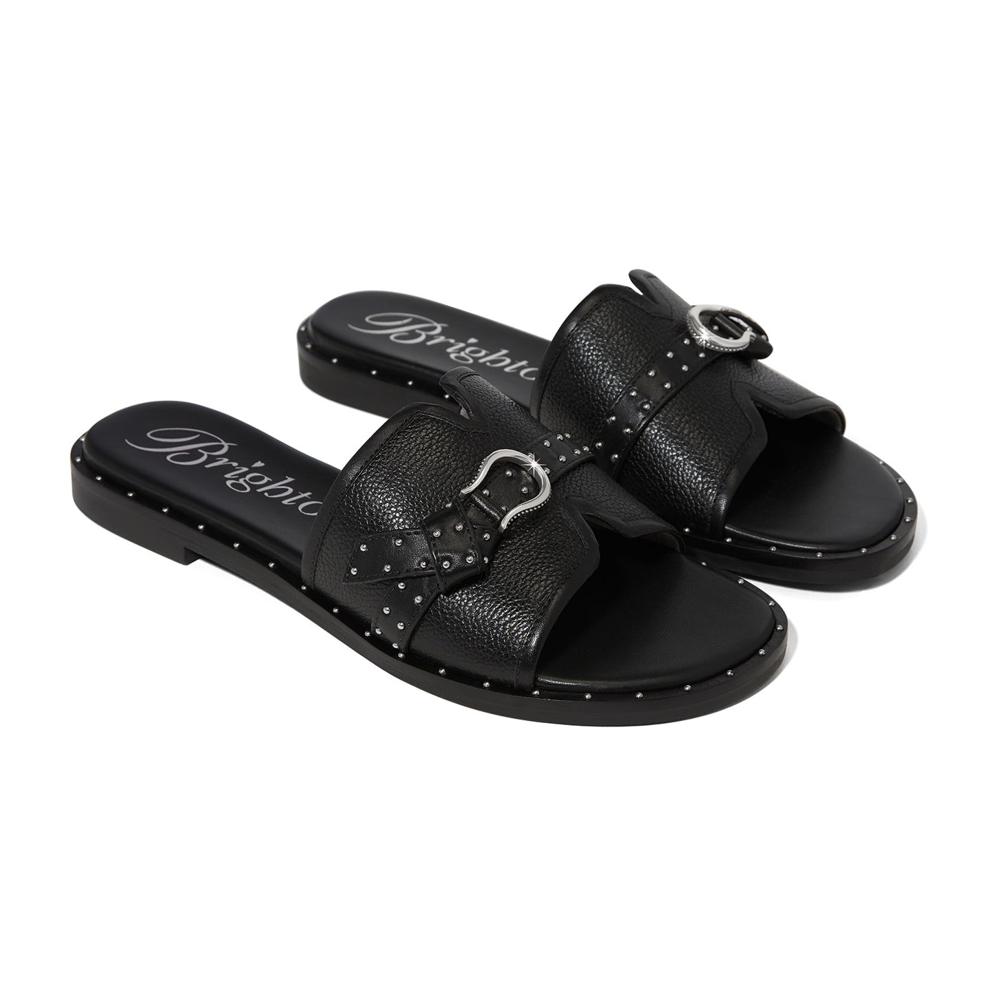 Brighton black leather slide sandals with silver-tone buckles and studded trim on a white background
