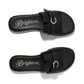 Brighton black leather slide sandals with silver-tone buckle detail and studded trim shown from above on a white background