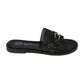 Brighton black leather slide sandal with silver-tone buckle, stud detailing, and logo footbed on a white background