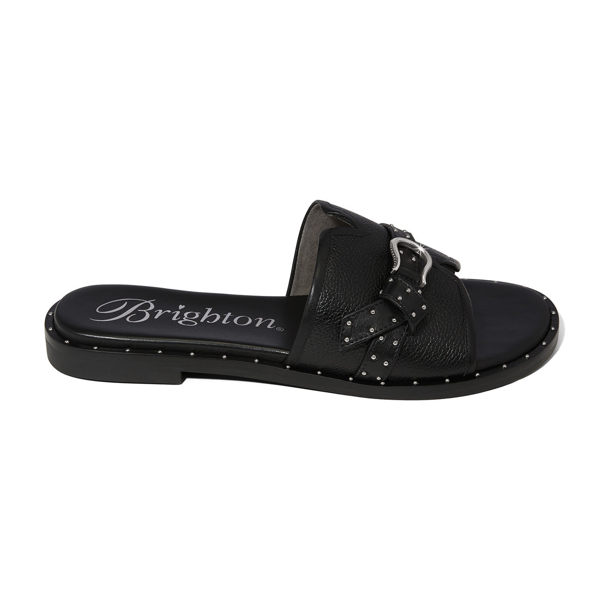 Brighton black leather slide sandal with silver-tone buckle, stud detailing, and logo footbed on a white background