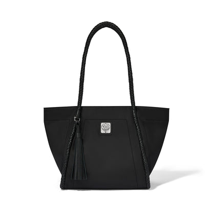 Brighton black tote handbag with braided shoulder straps, leather tassel, and silver-tone logo plaque on a white background