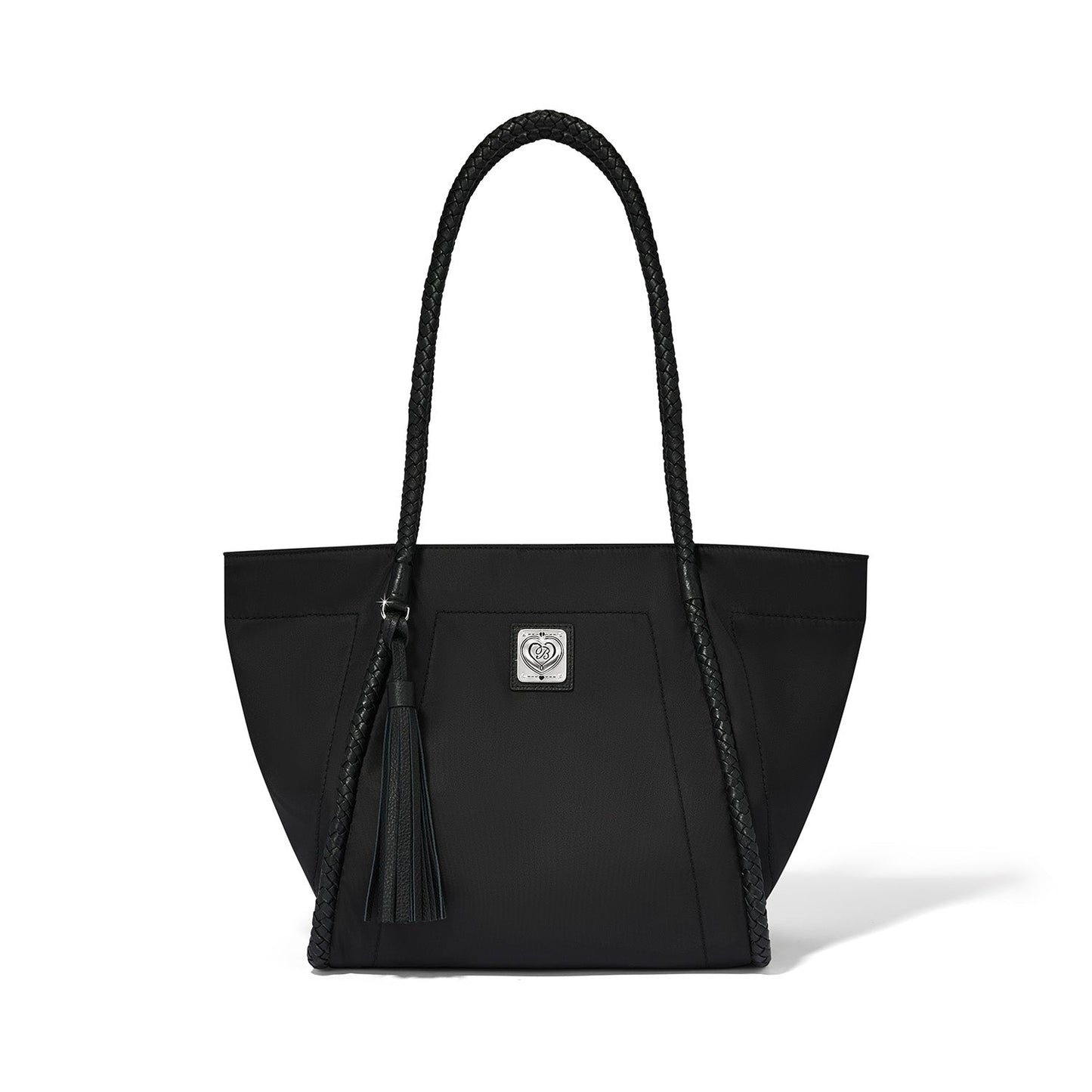 Brighton black tote handbag with braided shoulder straps, leather tassel, and silver-tone logo plaque on a white background