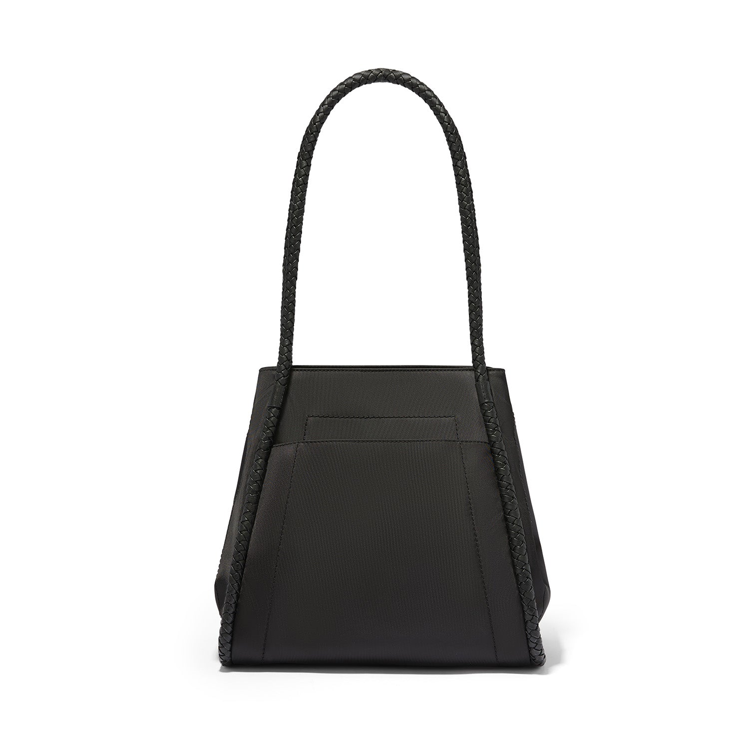 Brighton black handbag shown from the back with braided shoulder strap and slip pocket on a white background