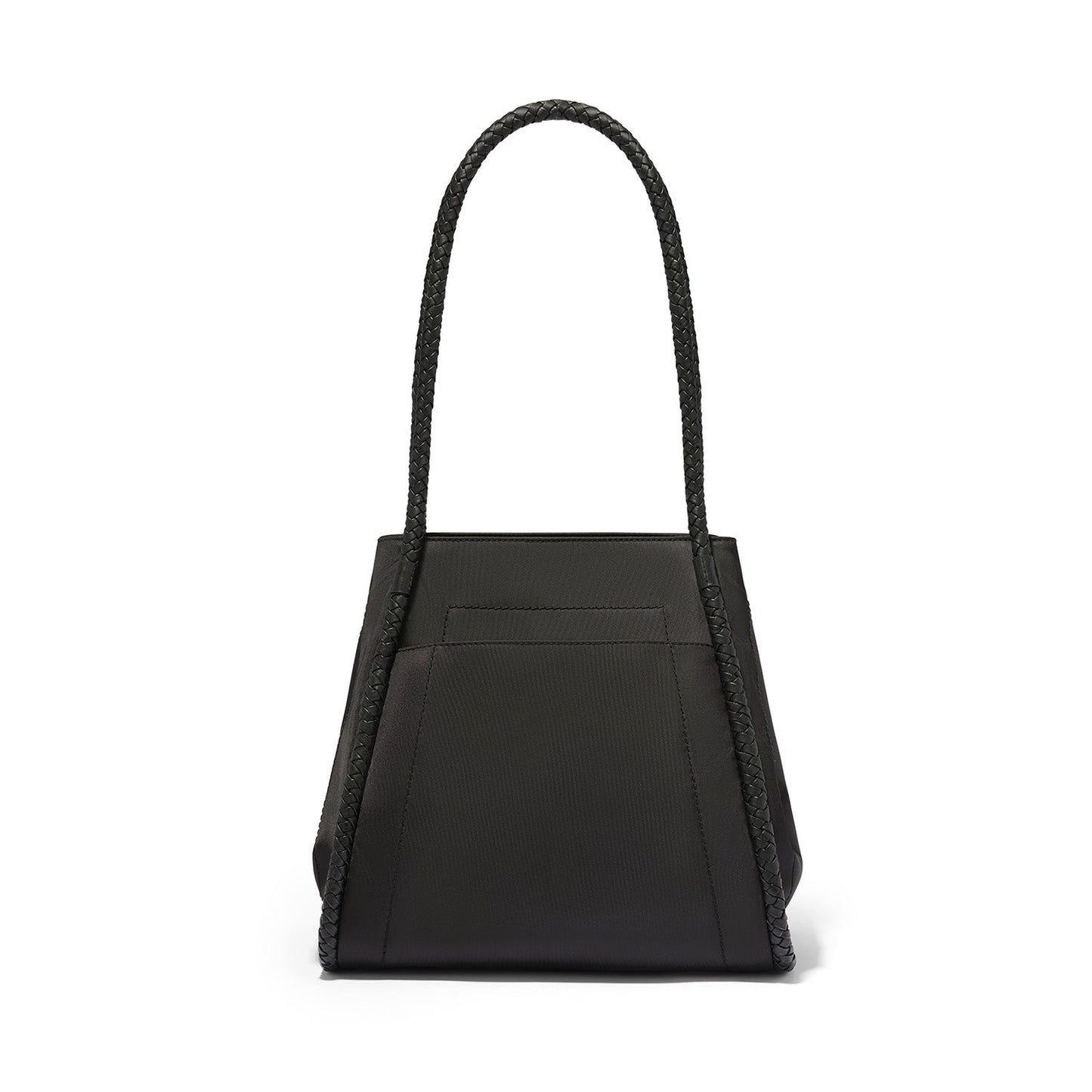 Brighton black handbag shown from the back with braided shoulder strap and slip pocket on a white background