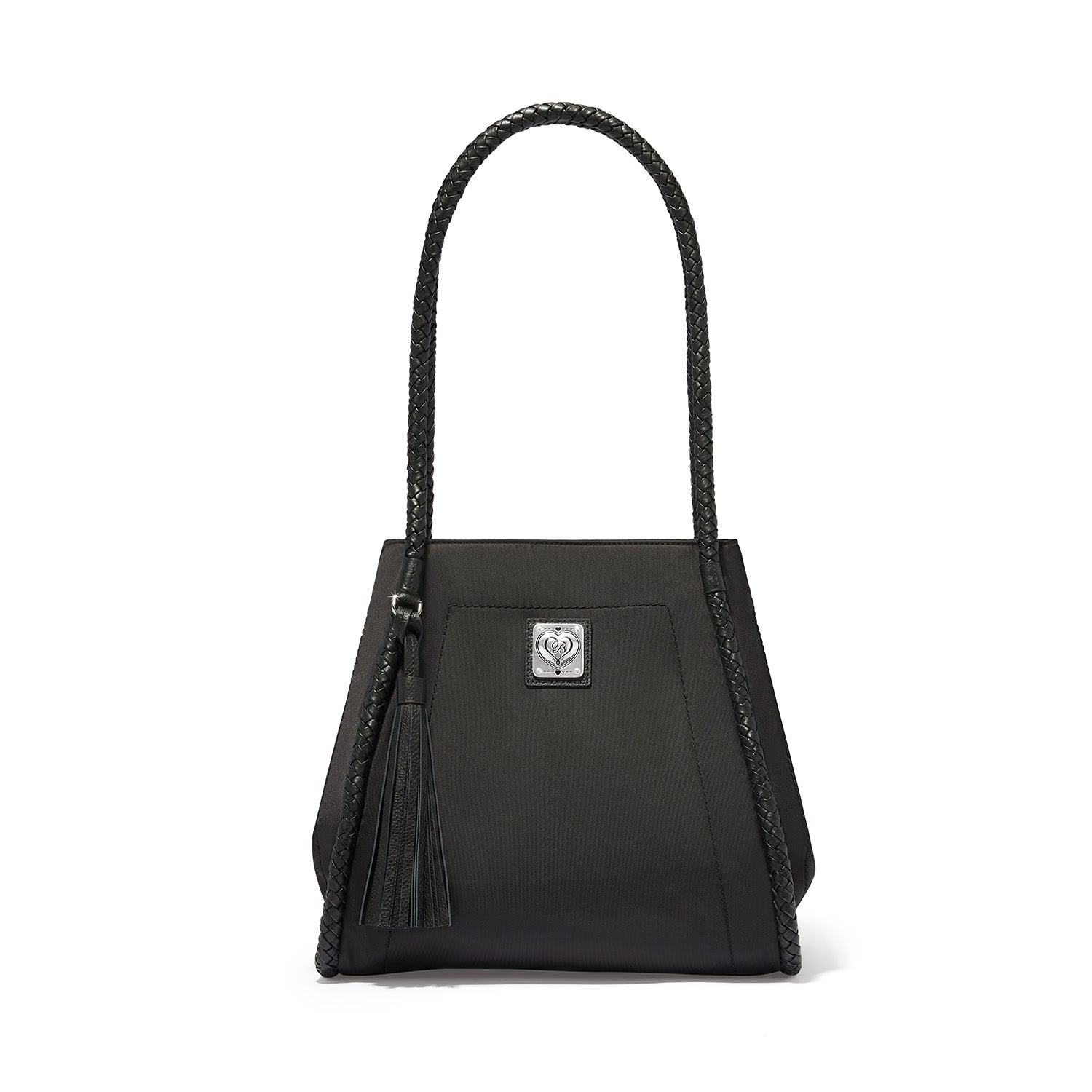 Brighton black handbag with braided shoulder strap, leather tassel, and silver-tone heart logo plaque on a white background