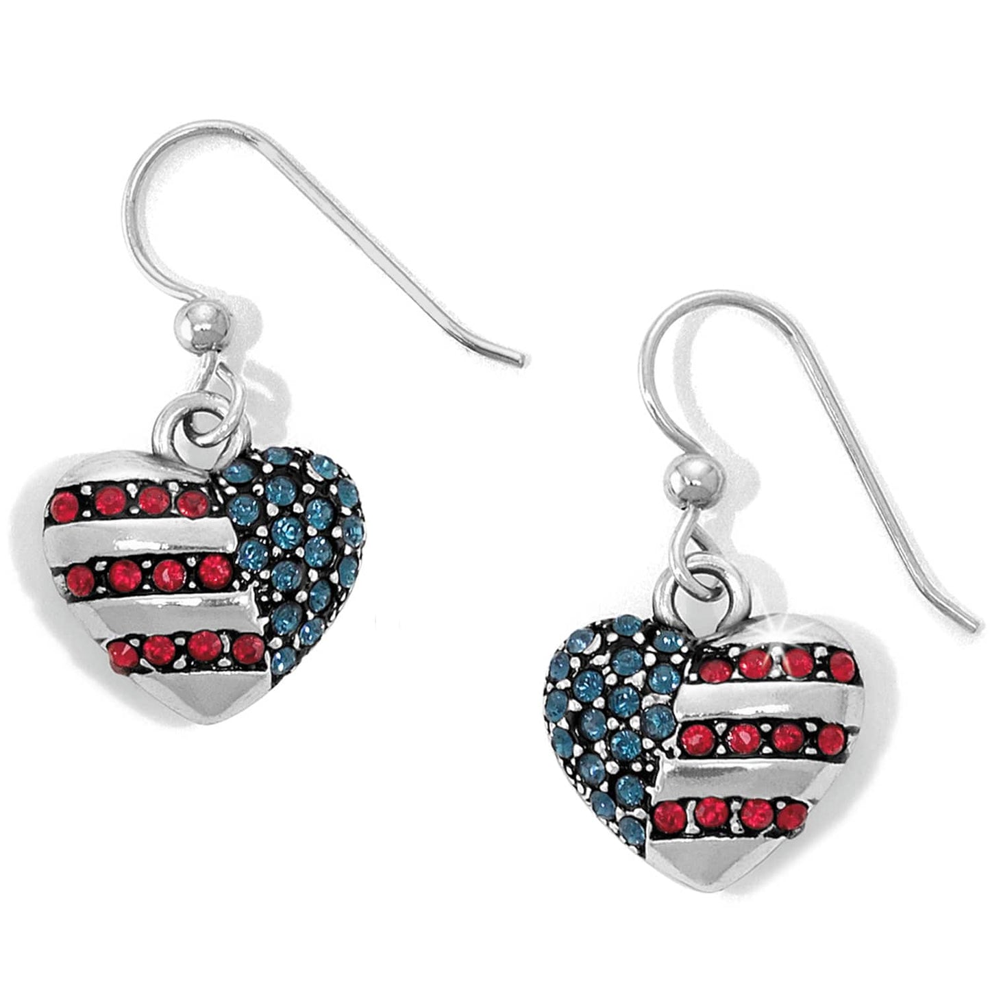 Brighton drop earrings with silver-plated heart charms featuring red and blue crystal flag design on a white background