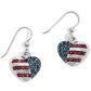Brighton drop earrings with silver-plated heart charms featuring red and blue crystal flag design on a white background