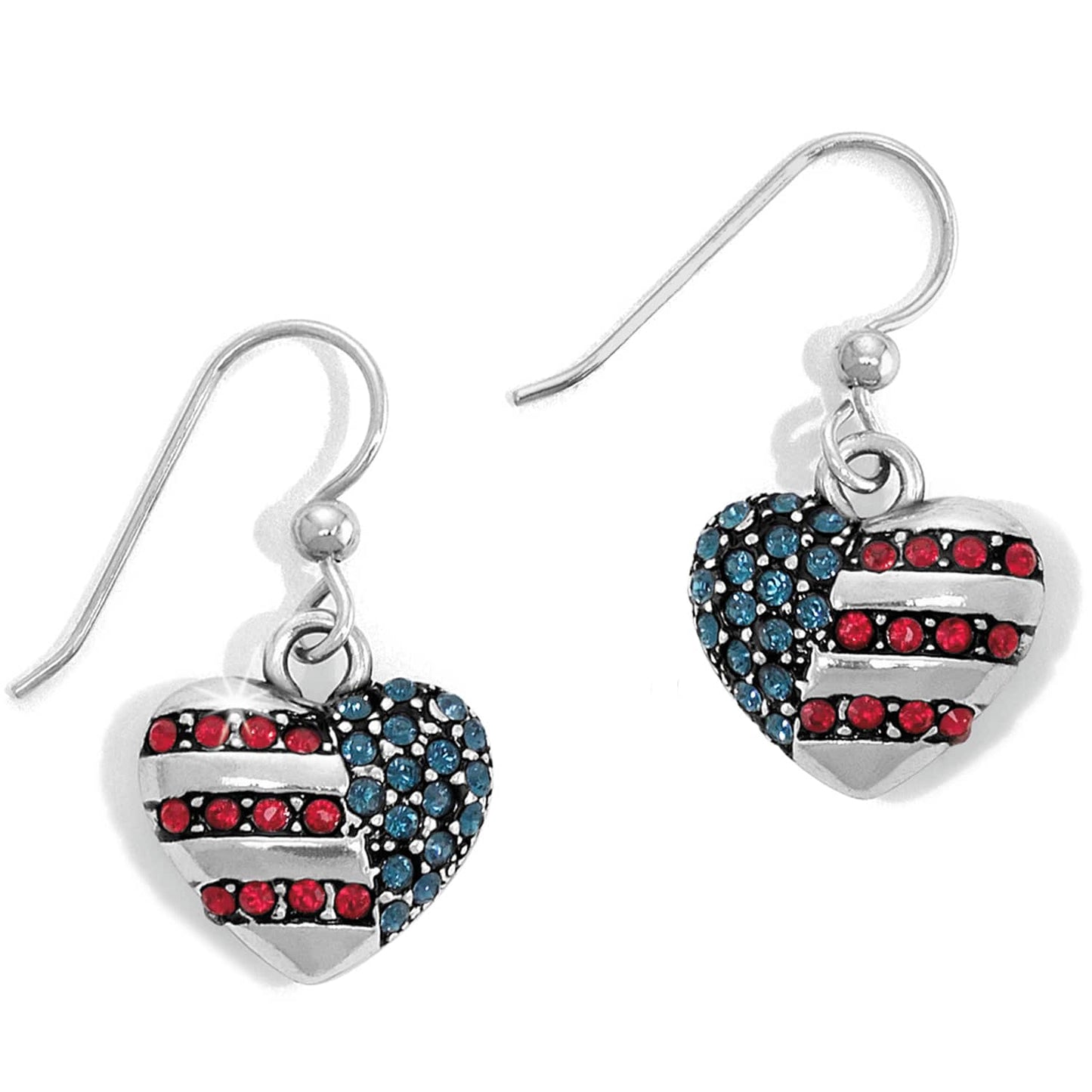 Brighton drop earrings with silver-plated heart charms featuring red and blue crystal flag design on a white background