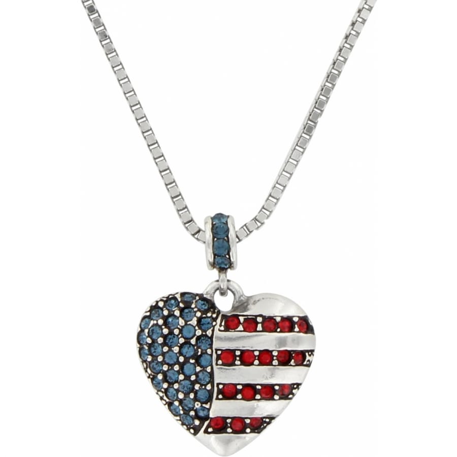 Brighton pendant necklace with silver-plated American flag heart featuring blue and red crystals on a white background