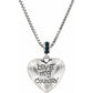 Brighton heart pendant necklace with silver-plated finish, blue crystal bail, and engraved Love My Country text on a white background