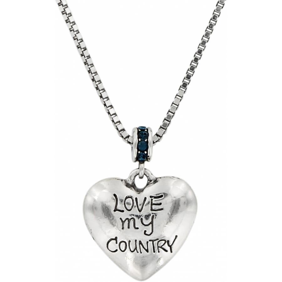 Brighton heart pendant necklace with silver-plated finish, blue crystal bail, and engraved Love My Country text on a white background