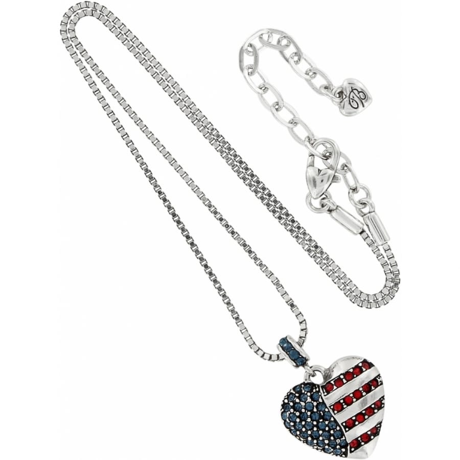 Brighton heart pendant necklace with red and blue crystals in American flag design on white background