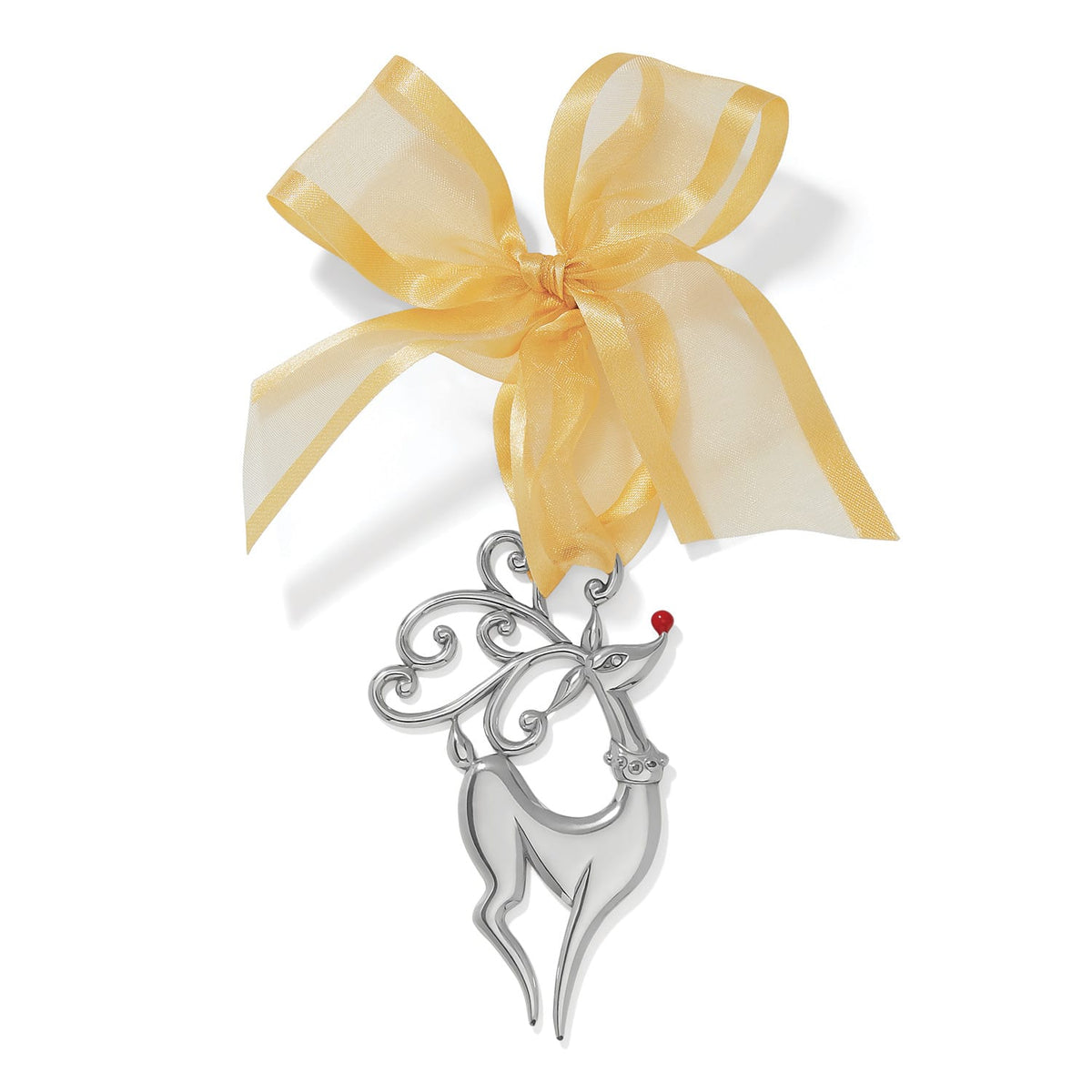 Brighton reindeer ornament with silver-plated swirled antlers, red nose accent, and sheer gold ribbon bow on a white background