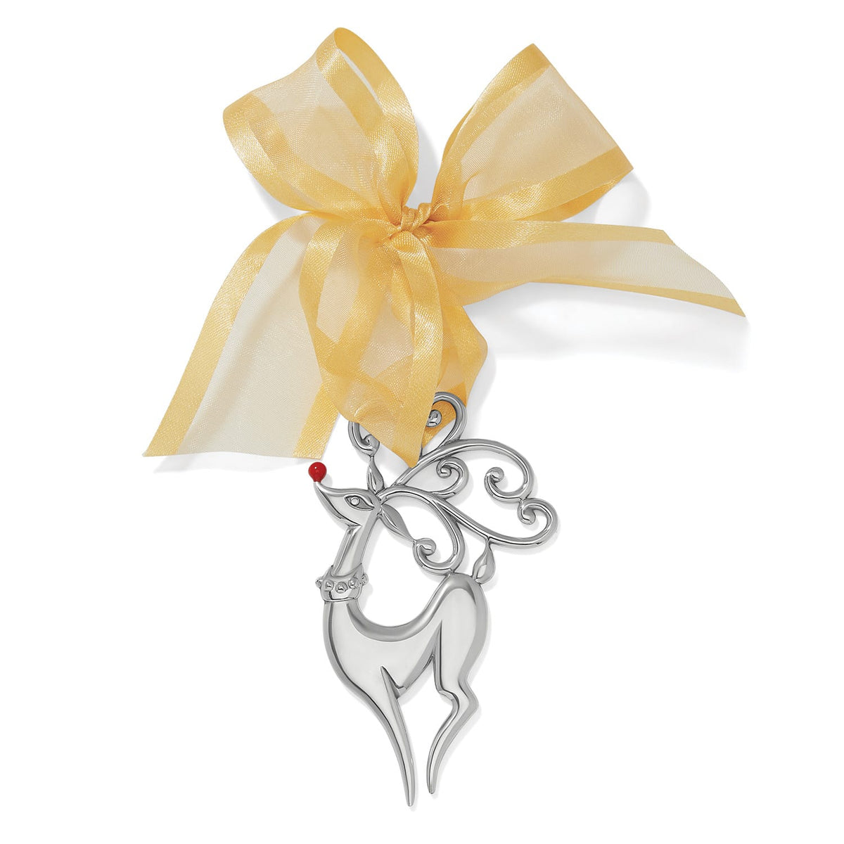 Brighton reindeer ornament with silver-plated finish, red nose accent, and yellow organza bow on a white background