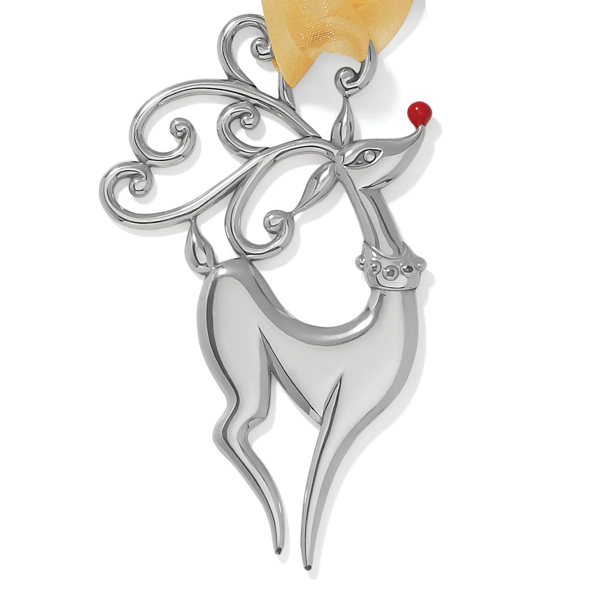 Brighton reindeer ornament with silver-plated swirled antlers, red nose accent, and gold organza ribbon on white background