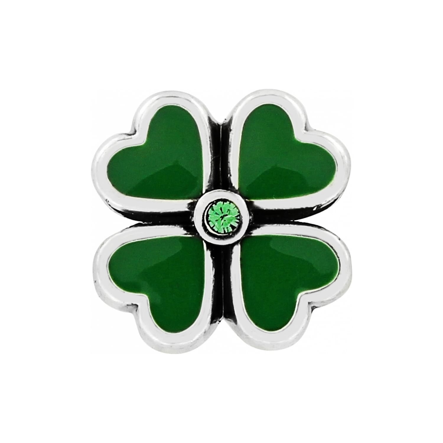 Brighton four-leaf clover charm with green enamel petals, silver-plated frame, and green crystal center on a white background