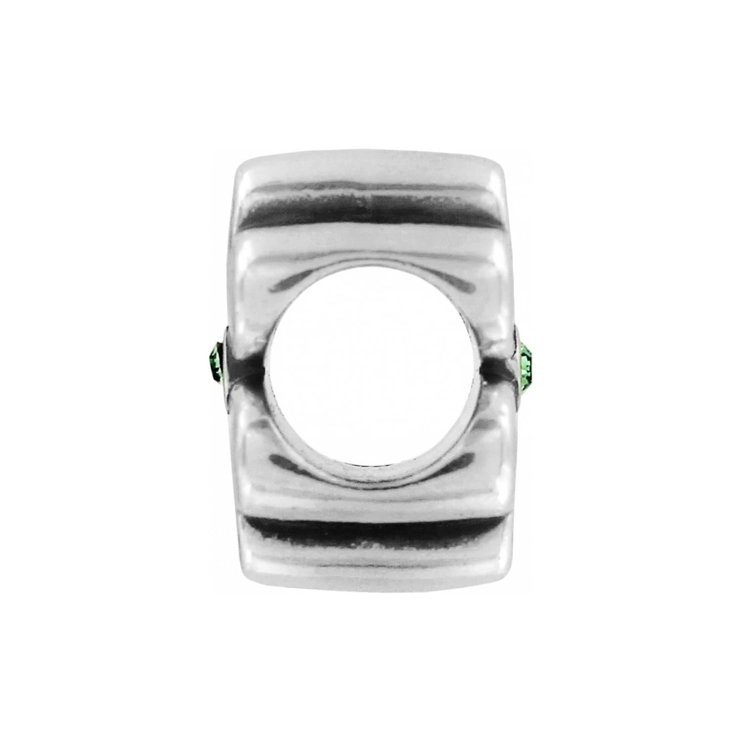 Brighton silver-plated charm bead with ribbed design, center threading hole, and green crystal accents on a white background