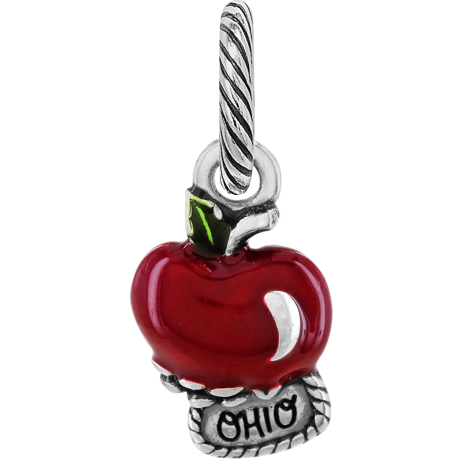 Brighton apple charm with red enamel finish, green leaf, and Ohio banner detail on a white background