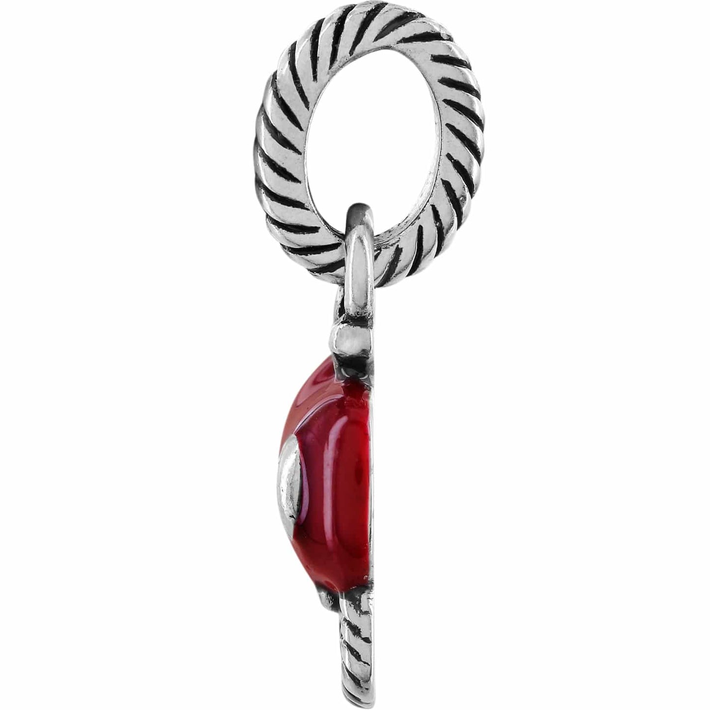 Brighton dangle charm shown from the side with red enamel bead and silver-tone rope-textured ring on a white background