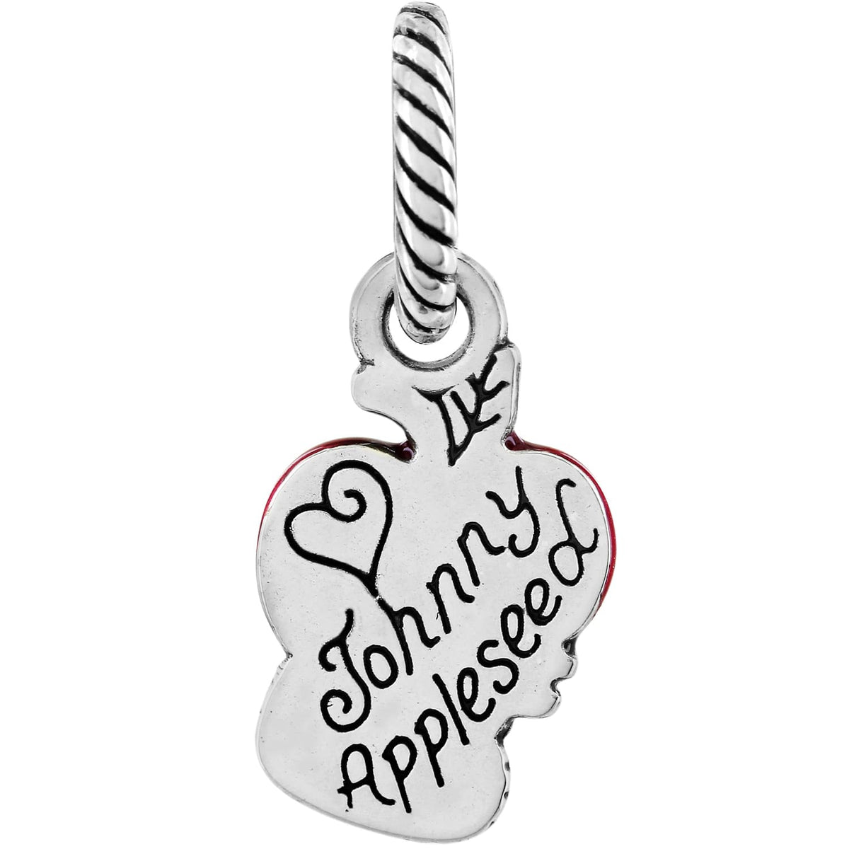 Brighton Johnny Appleseed charm with silver-tone apple design, red enamel accents, and engraved script on a white background