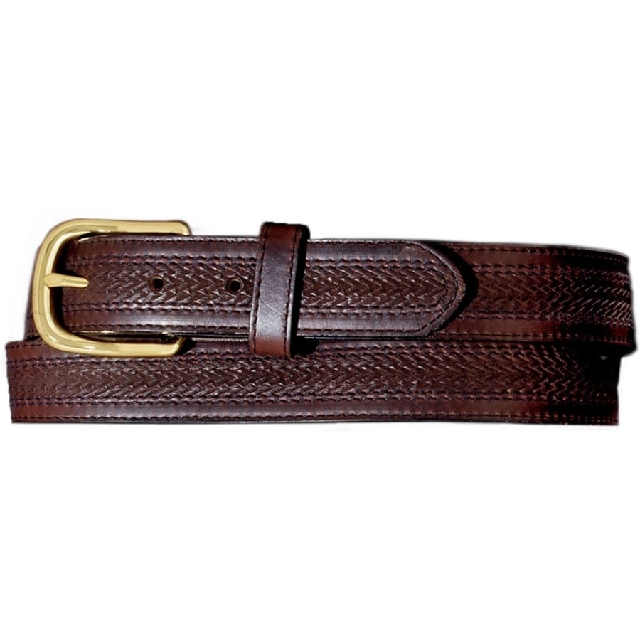 Brighton brown leather belt with basketweave texture pattern and gold-tone buckle on a white background