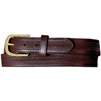 Brighton brown leather belt with basketweave texture pattern and gold-tone buckle on a white background