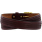 Brighton brown leather belt with embossed herringbone pattern and gold-tone buckle coiled on a white background