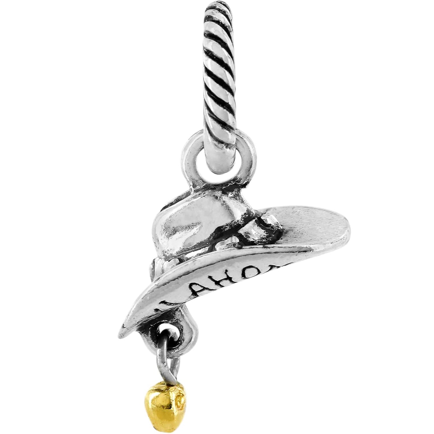 Brighton cowboy hat charm with silver-plated finish, engraved brim, and small gold-tone accent on a white background