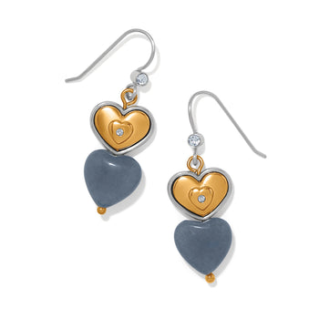 Brighton drop earrings with two-tone heart charms, blue stone hearts, and crystal accents on a white background