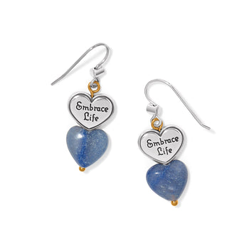 Brighton drop earrings with silver-tone Embrace Life heart charms and blue stone hearts on a white background