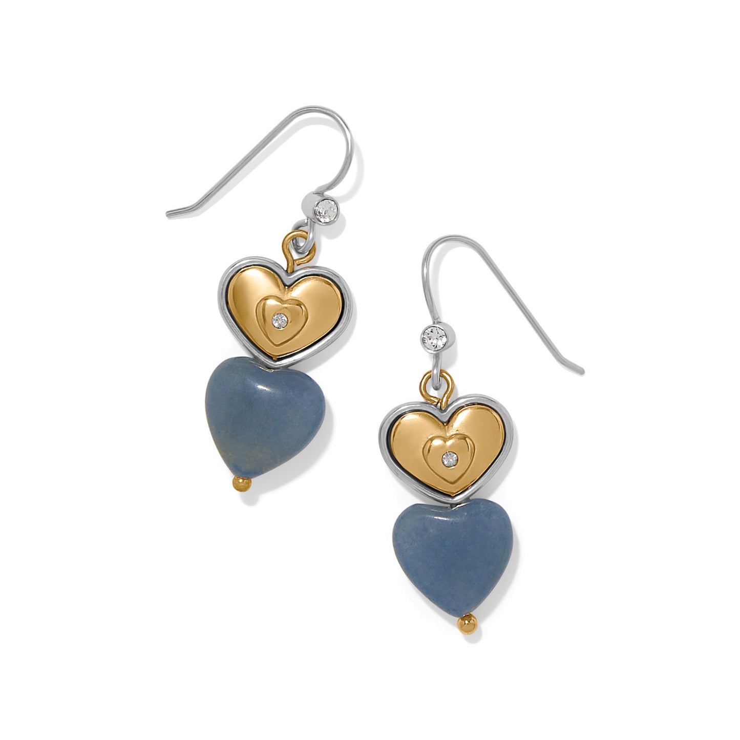Brighton drop earrings with two-tone heart charms, blue stone hearts, and crystal accents on a white background