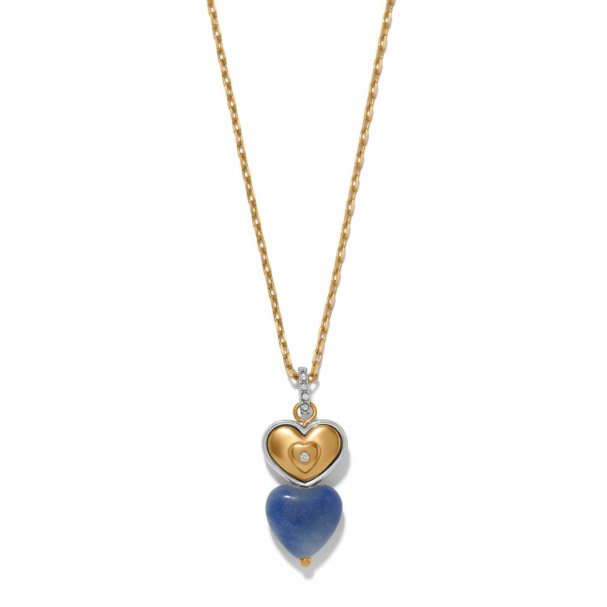 Brighton pendant necklace with two-tone heart charm, blue stone heart drop, and crystal accents on a white background