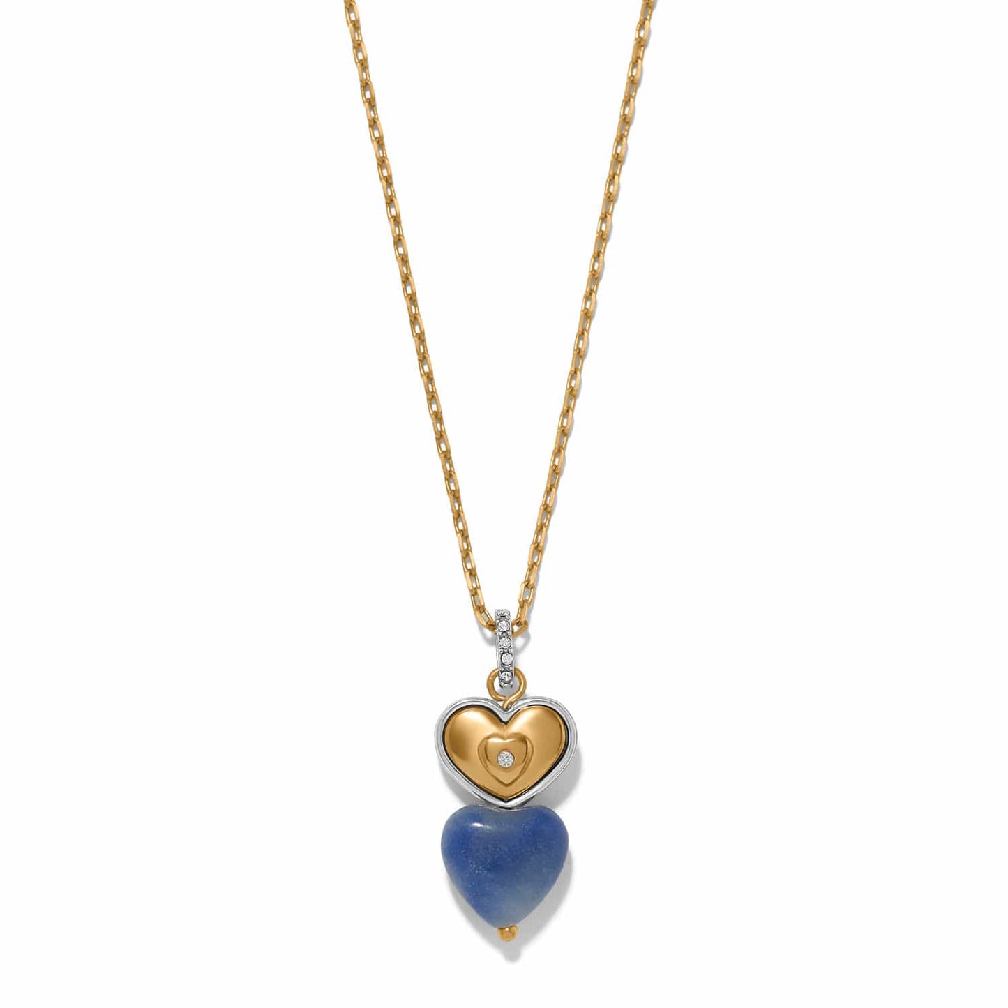Brighton pendant necklace with two-tone heart charm, blue stone heart drop, and crystal accents on a white background
