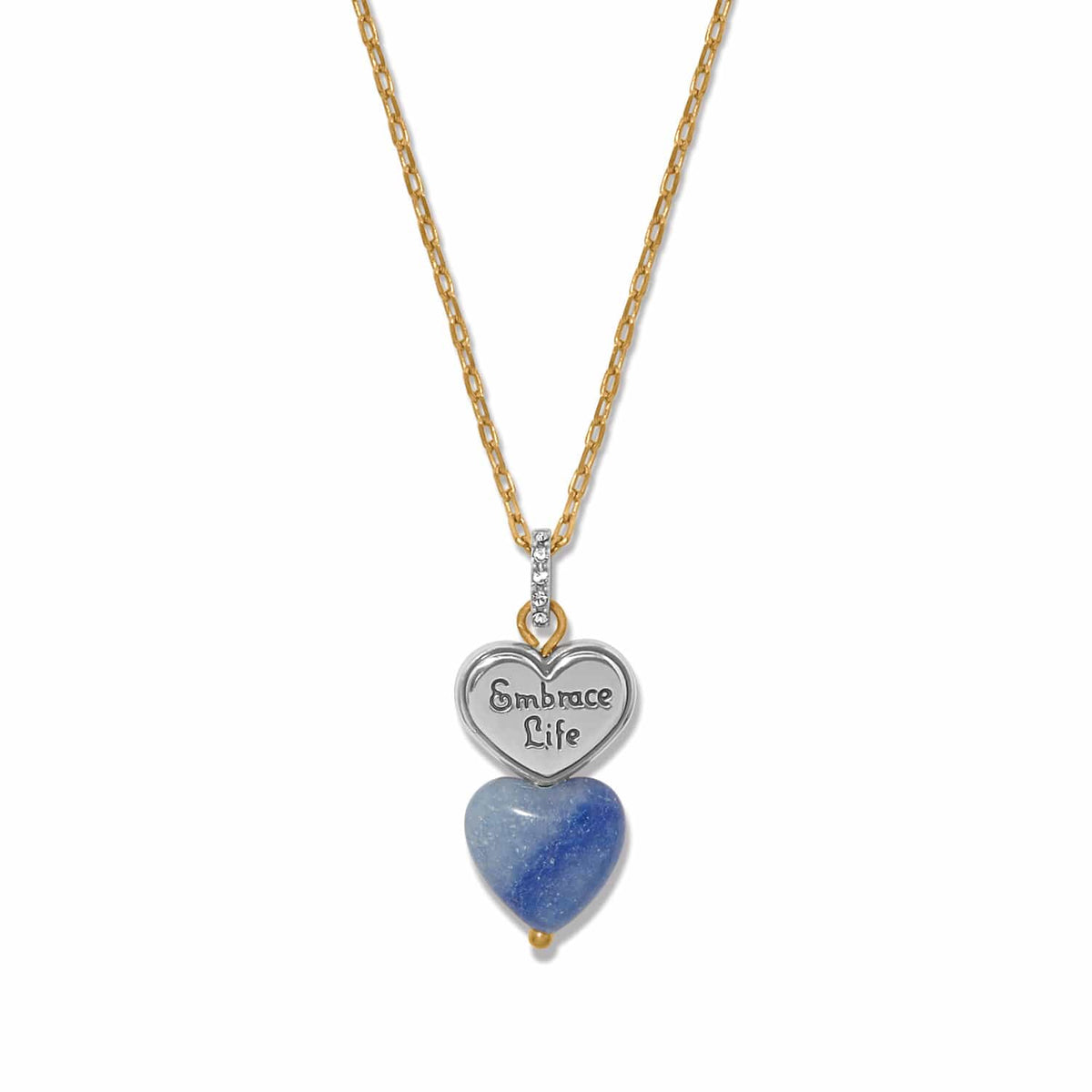 Brighton pendant necklace with silver Embrace Life heart, blue stone heart, crystal accents, and gold chain on a white background