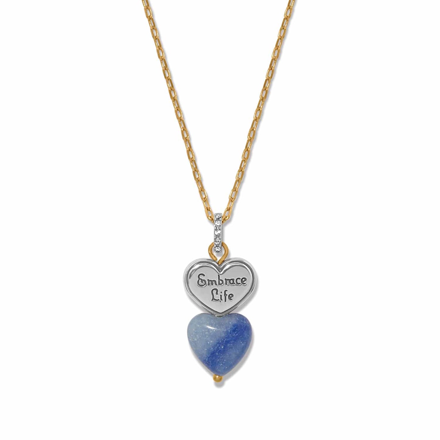 Brighton pendant necklace with silver Embrace Life heart, blue stone heart, crystal accents, and gold chain on a white background