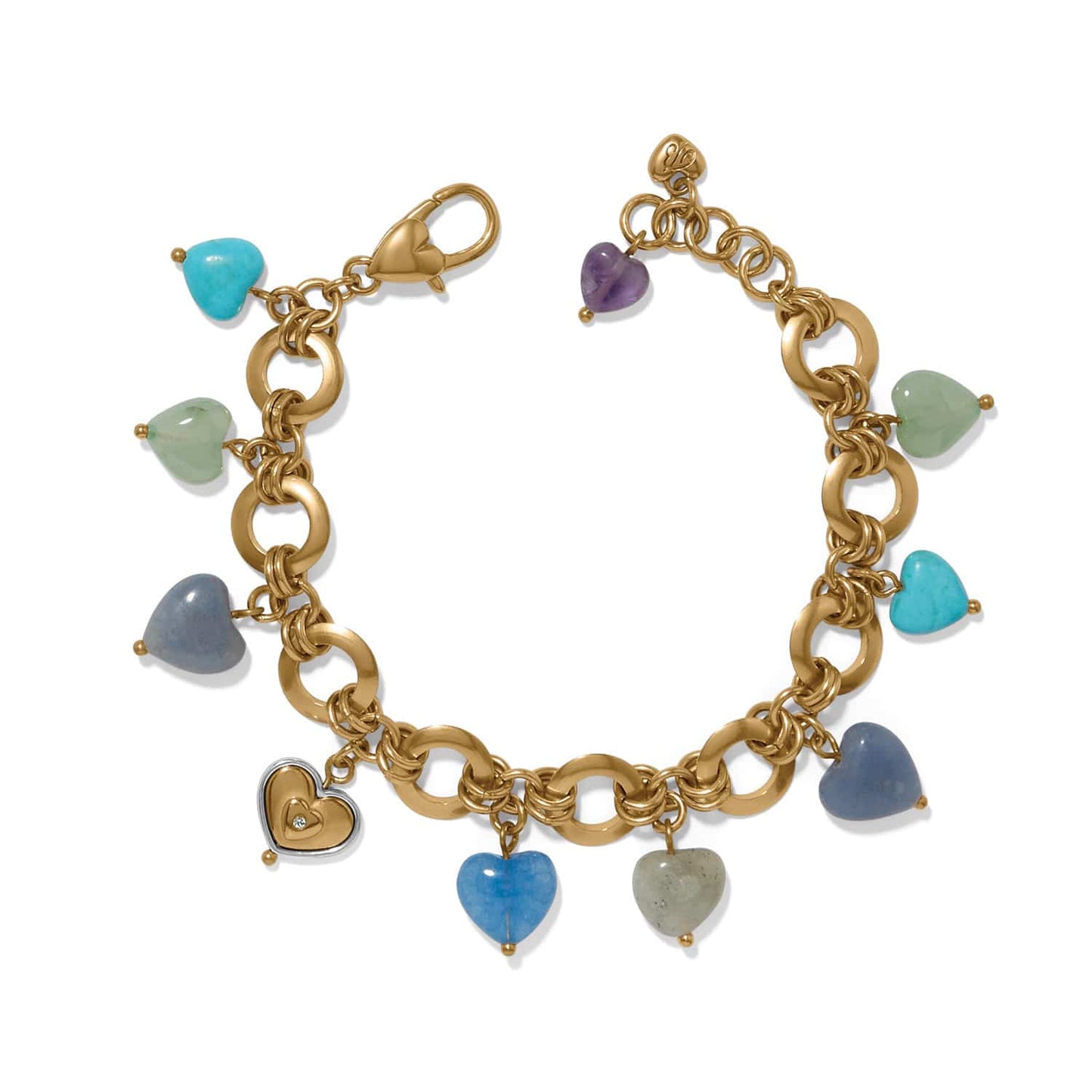 Brighton gold-plated charm bracelet with multicolored gemstone heart charms and crystal heart accent on a white background