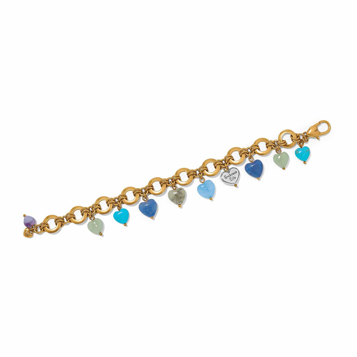 Brighton gold-plated charm bracelet with multicolored heart-shaped stones and engraved silver-tone heart charm on a white background