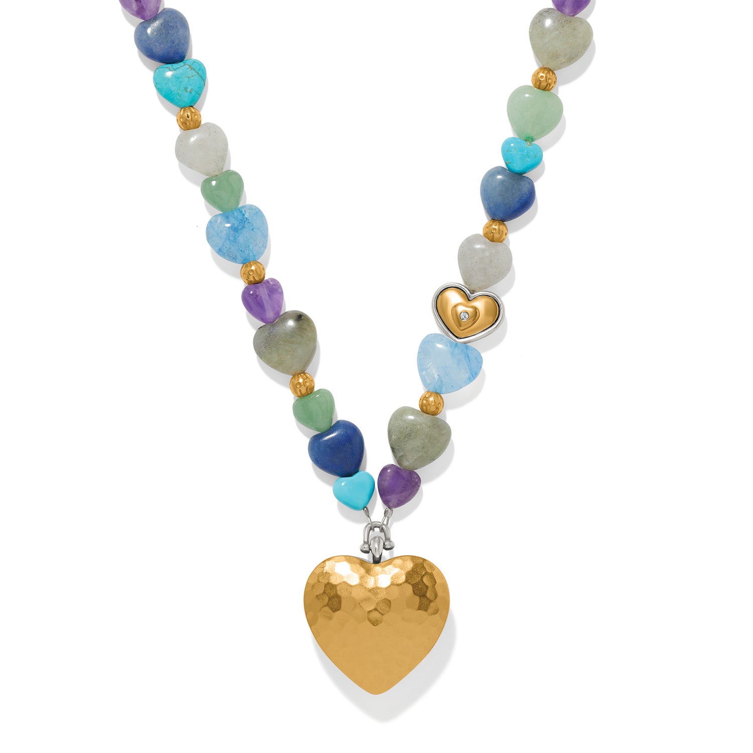 Brighton heart pendant necklace with multicolor gemstone heart beads and hammered gold-plated heart pendant on a white background