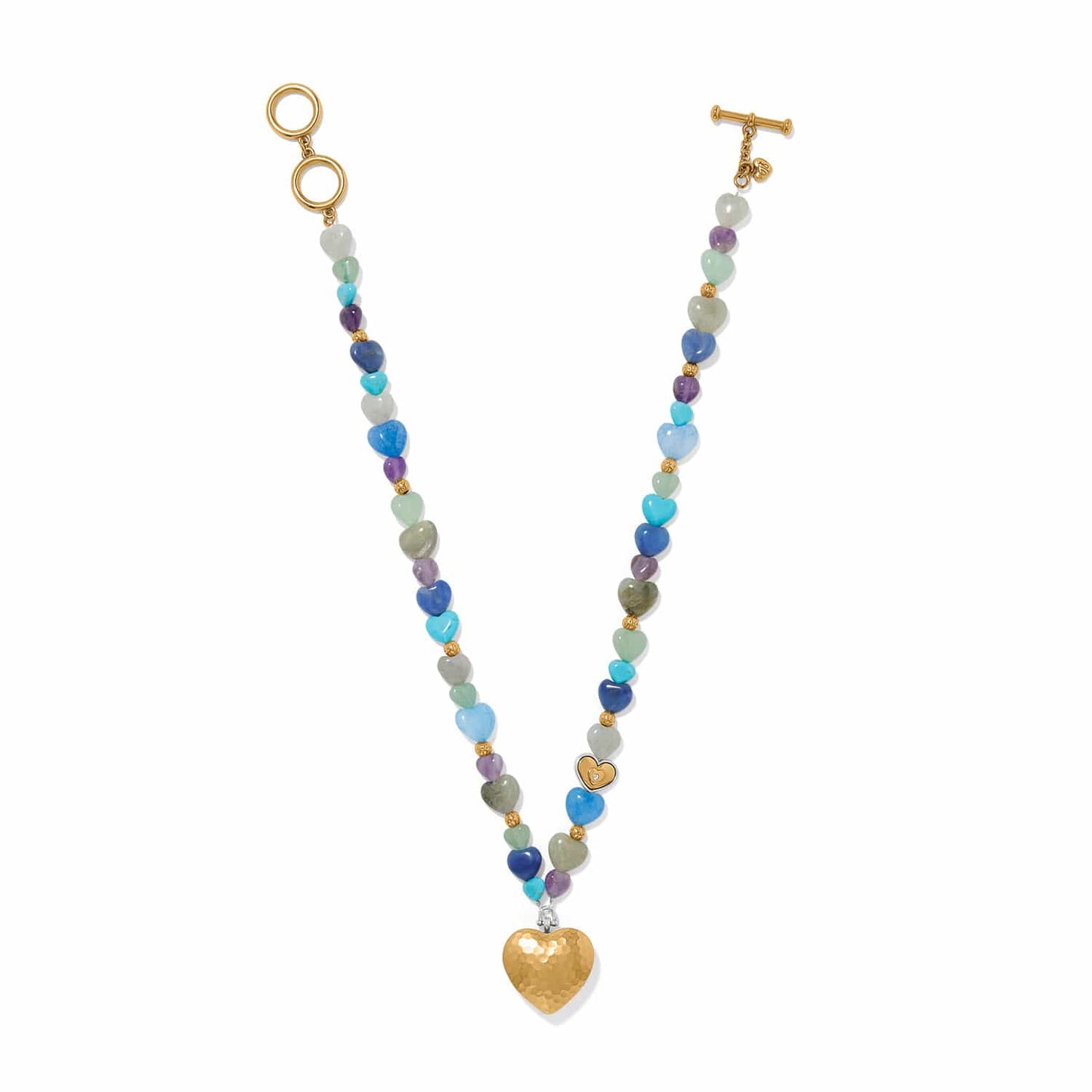 Brighton beaded necklace with multicolor heart stones, gold-plated accents, and hammered gold heart pendant on white background