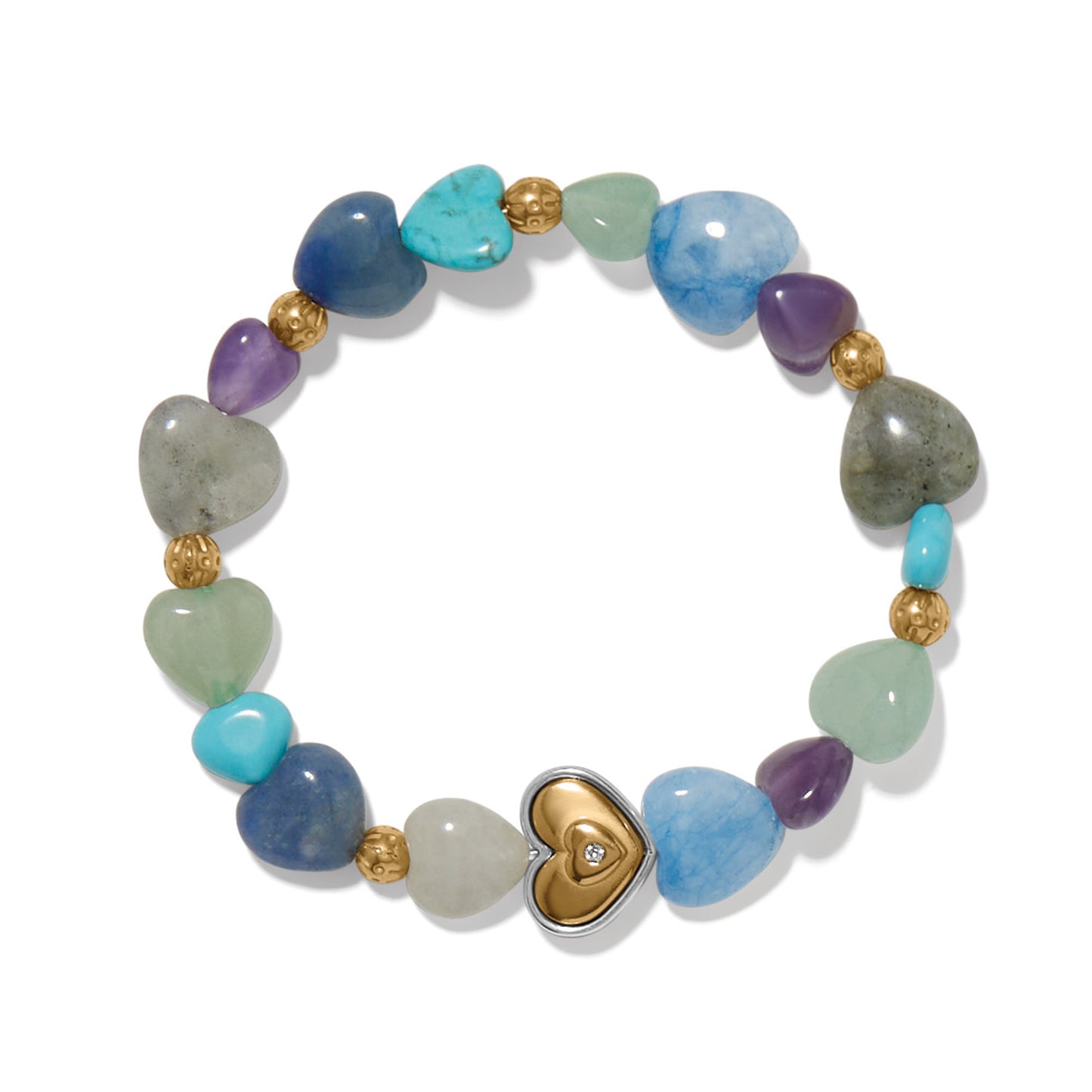 Brighton stretch bracelet with multicolor gemstone heart beads, gold-plated accents, and central two-tone heart charm on a white background