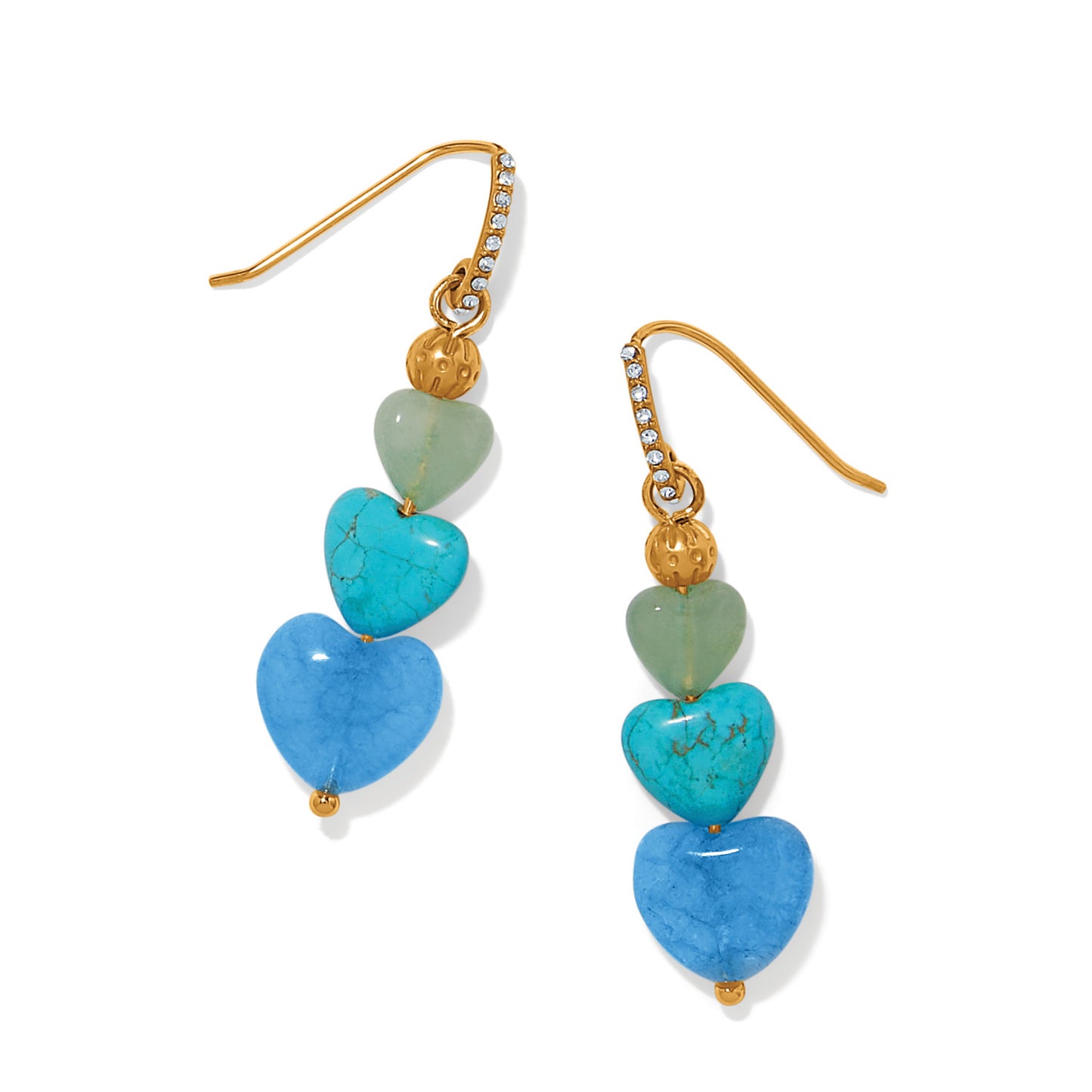 Brighton drop earrings with green, turquoise, and blue heart-shaped stones and gold-tone crystal hooks on a white background