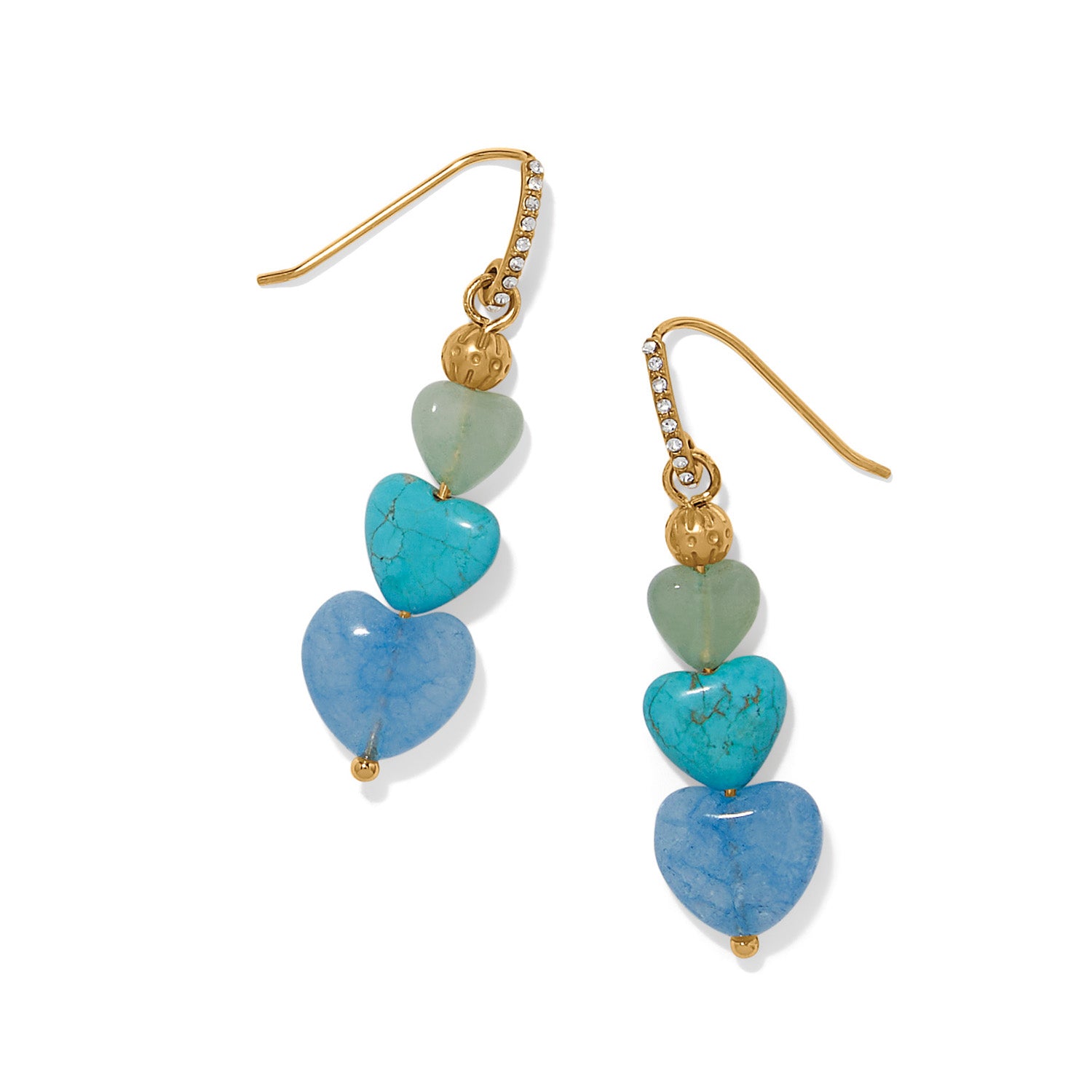 Brighton drop earrings with green, turquoise, and blue heart-shaped stones and crystal-accented hooks on a white background