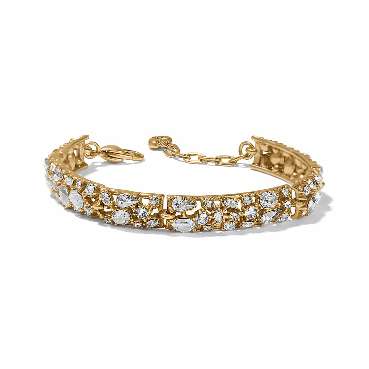 Brighton bracelet with mixed-cut crystals set in gold-plated openwork band with chain closure on a white background