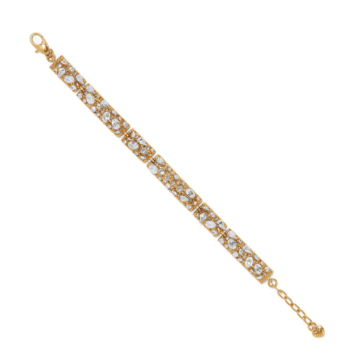 Brighton bracelet with gold-plated rectangular links, mixed-cut crystals, and lobster clasp on a white background