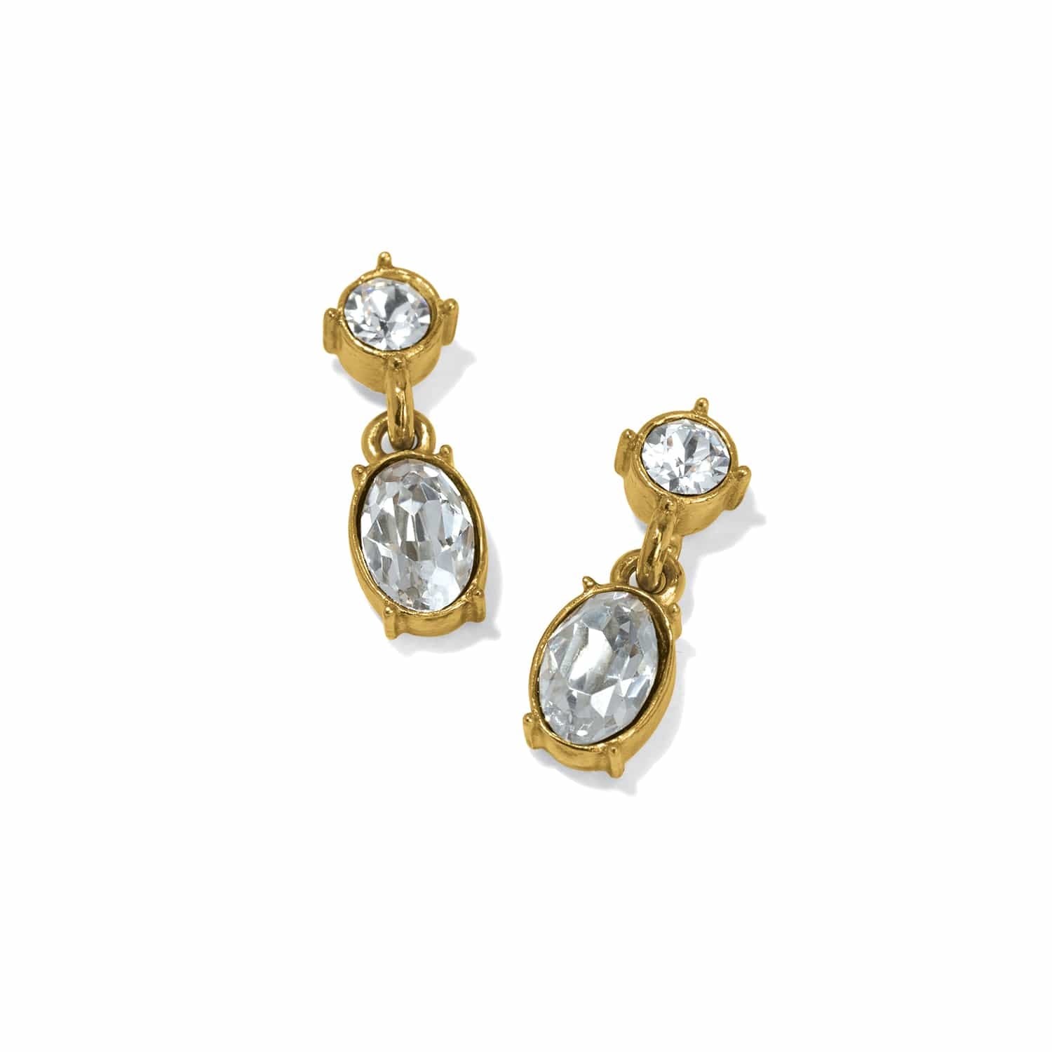 Brighton drop earrings with round and oval crystals in gold-plated settings on a white background