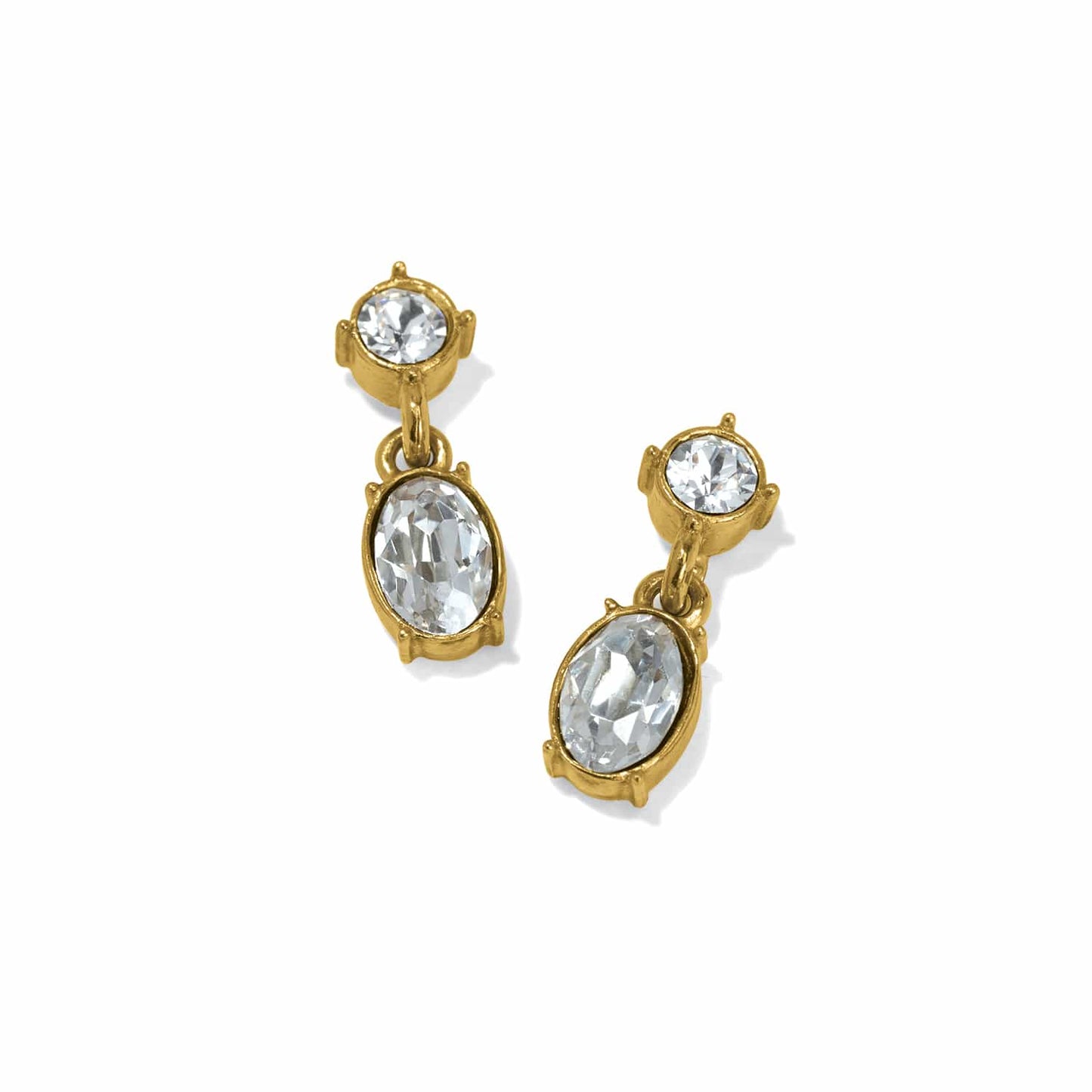 Brighton drop earrings with round and oval crystals in gold-plated settings on a white background