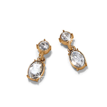 Brighton drop earrings with round and oval crystals set in gold-plated settings on a white background